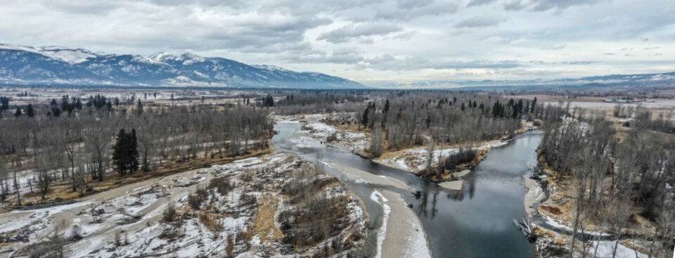 Panorama of Montana river in winter.