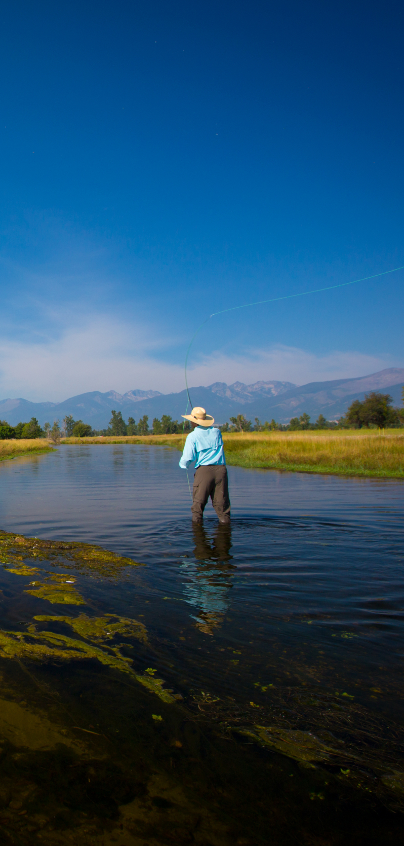 Person fly fishing in river.